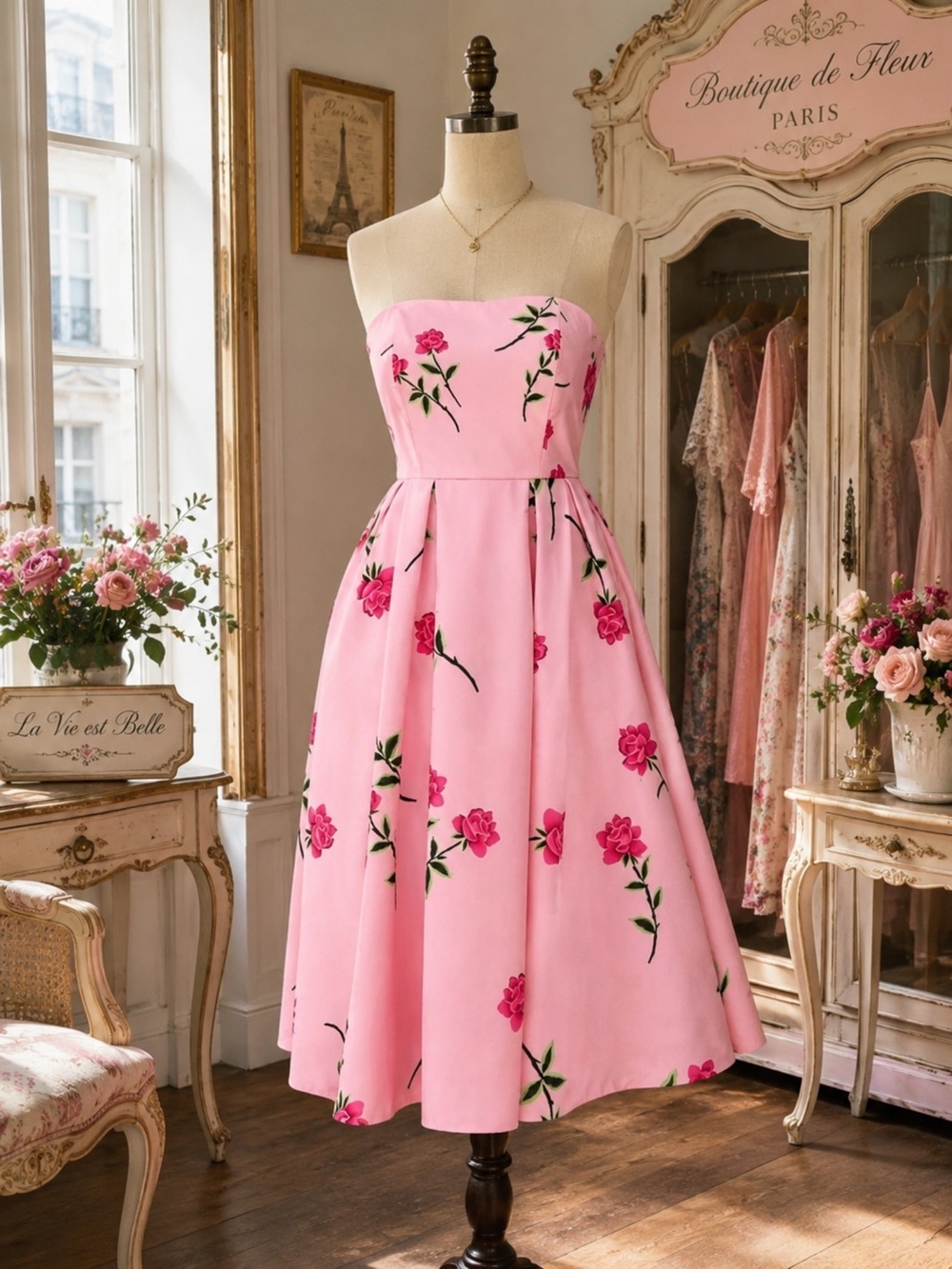 Strapless Pink Floral Midi Dress